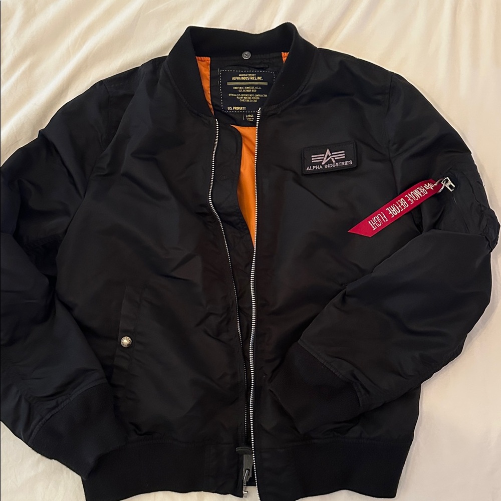 Alpha Industries Jet Black Bomber with Orange Lining